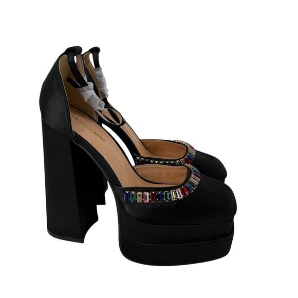 Fashion Nova Aloyse Platform Chunky Heel Rainbow Jeweled Size 8.5 Black Satin - Picture 2 of 11